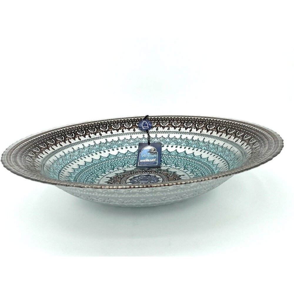 Turkish Glass Glass Round Bowl Dinner Display Silver Blue Oriental Lace 16” W XL - Picture 4 of 10